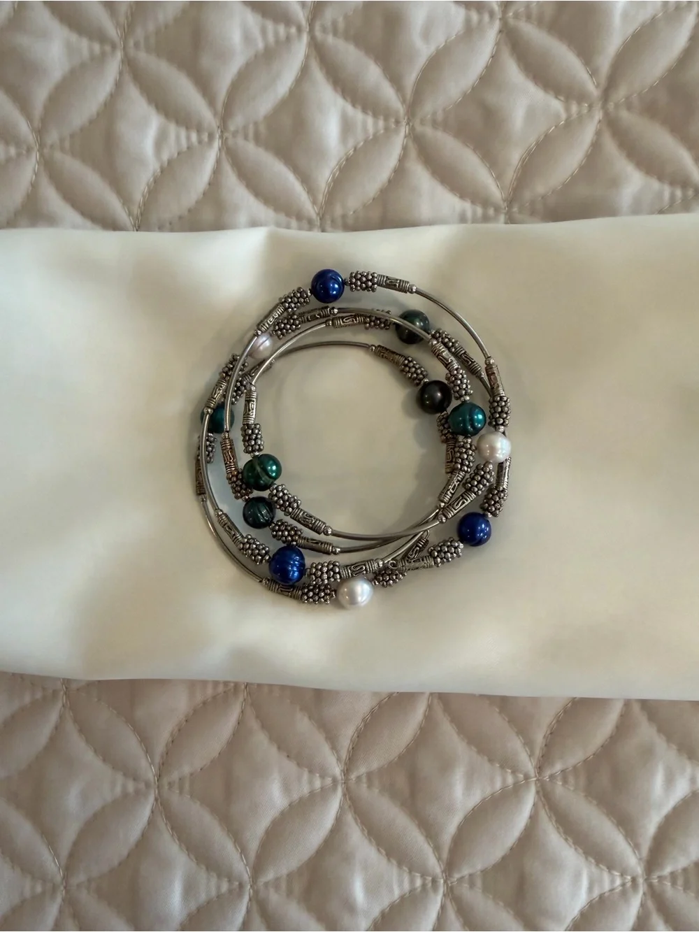 Silver-Tone Stackable Beaded Bracelet Set with Blue, Green and Pearl Accents